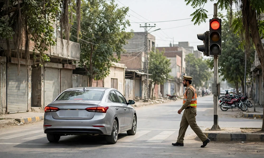 A Safe City surveillance camera mounted on a pole above a busy signalised intersection in Lahore