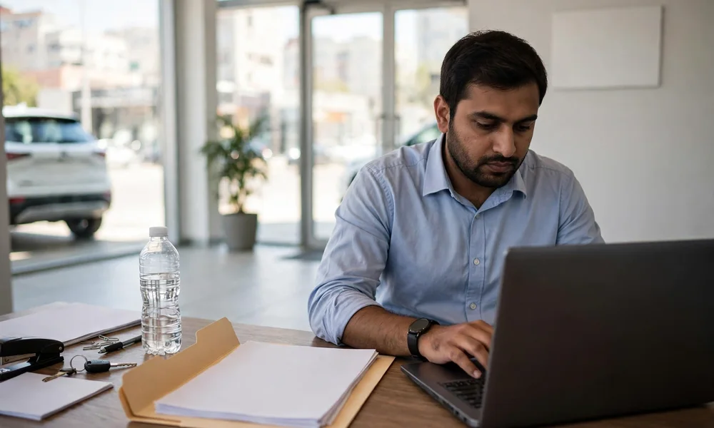 Dealer staff member at a showroom desk entering data on a computer with a vehicle file beside the keyboard