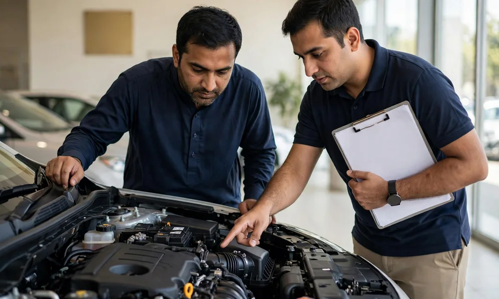 Buyer checking the engine bay of a new Toyota Corolla at delivery in a Lahore dealership
