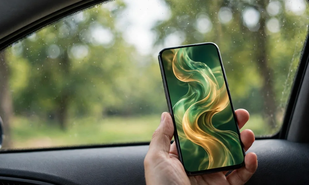 Person holding a phone showing a digital card inside a vehicle