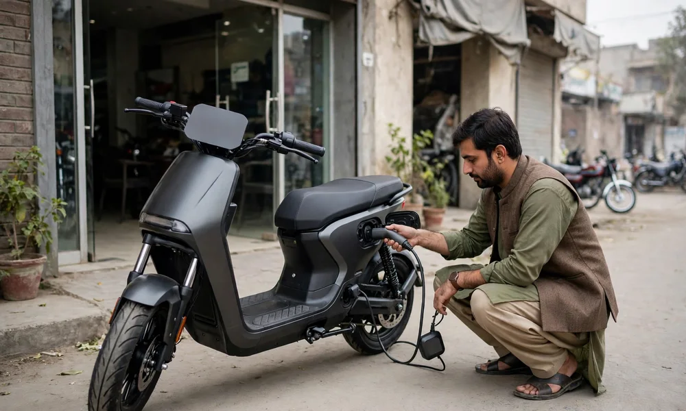 Electric bike at a showroom entrance being plugged into a compact charger