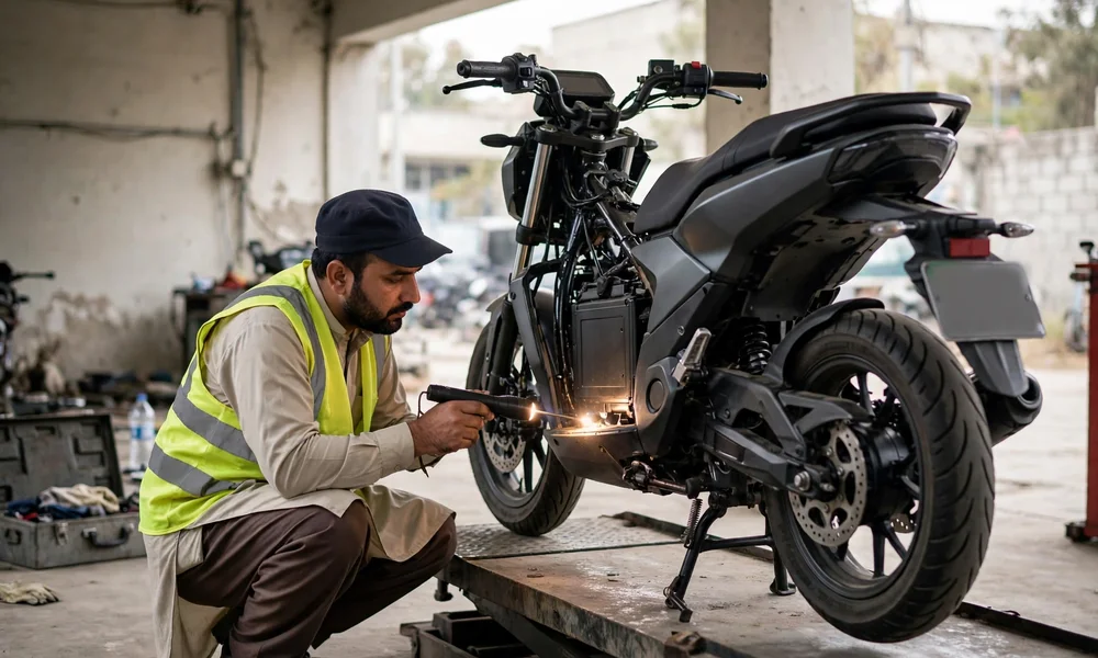 Electric bike inspection by a Motor Vehicle Examiner at a Punjab registration office