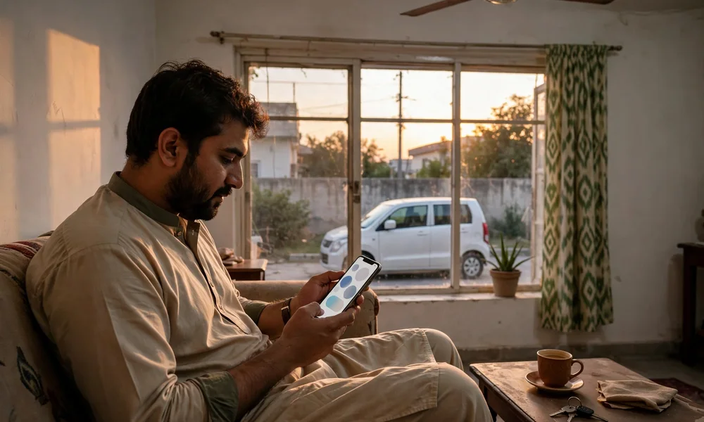 Suzuki Wagon R owner paying through a phone at home while the car stands visible through the window