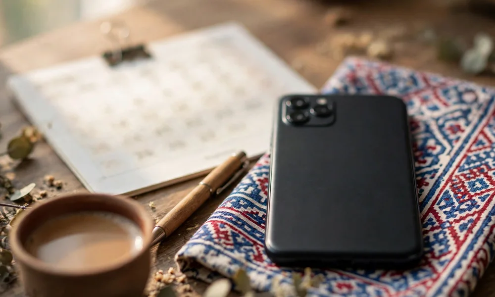 Phone on a desk beside a calendar page with softly blurred dates and a pen
