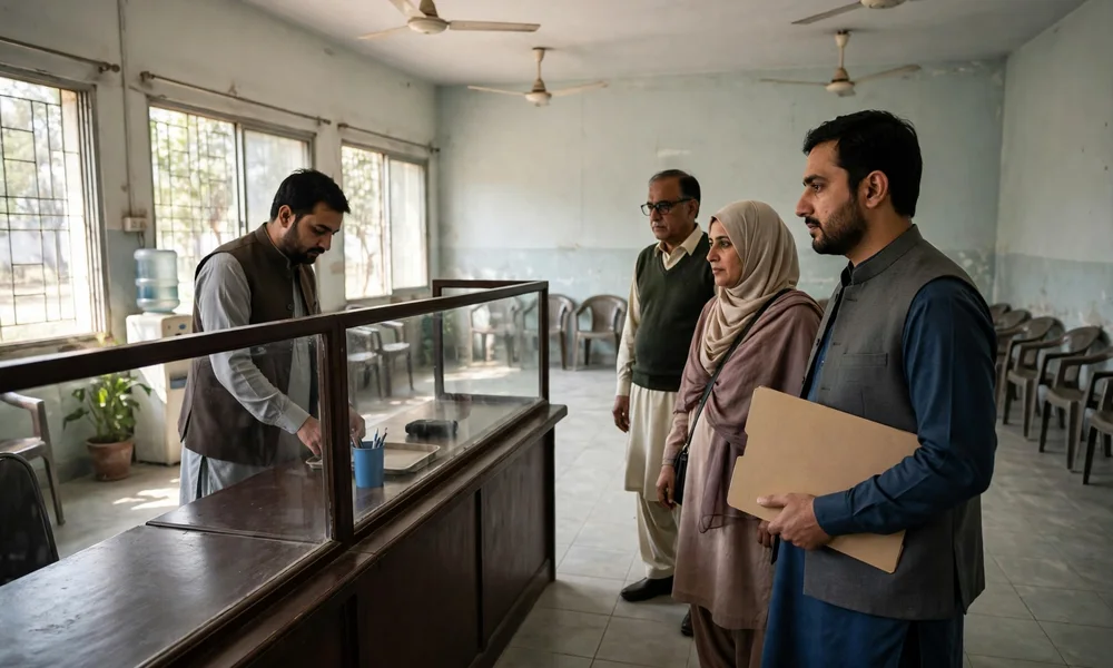 Orderly service hall interior with a short queue at a counter in a Punjab Excise office
