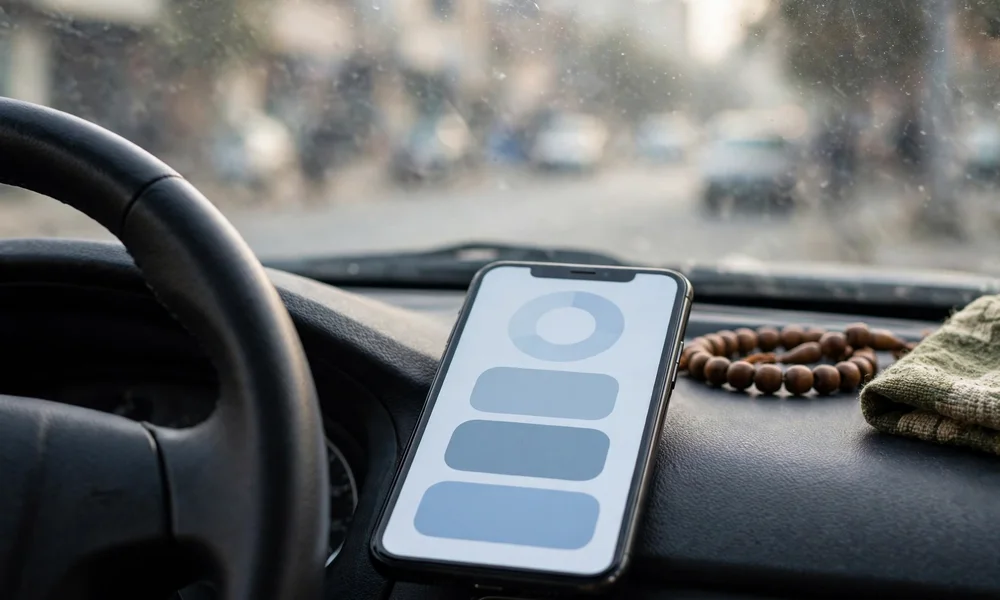 Phone on a car dashboard showing a payment screen for Punjab token tax dues