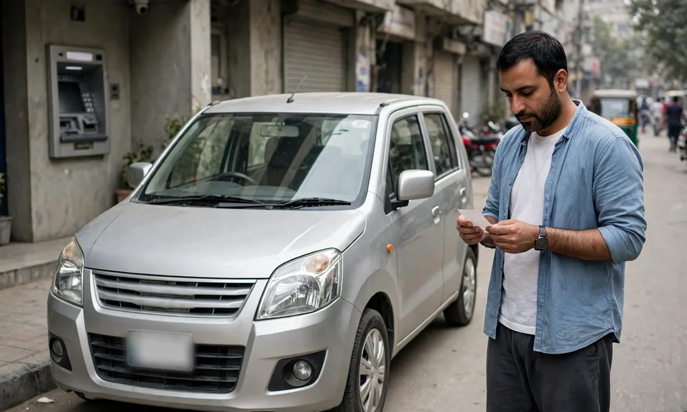 Suzuki Wagon R owner holding a payment receipt at a bank ATM in Punjab