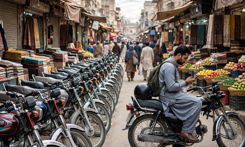 A buyer checking a used motorcycle at an outdoor bike market while the seller holds the registration card