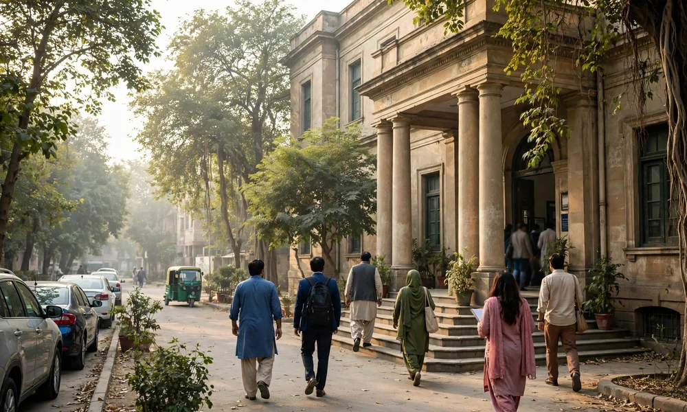 Morning traffic on a wide Lahore road with cars and motorcycles passing under a Safe City camera pole