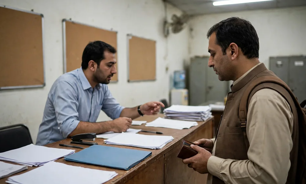 Owner at an Excise office counter with registration documents