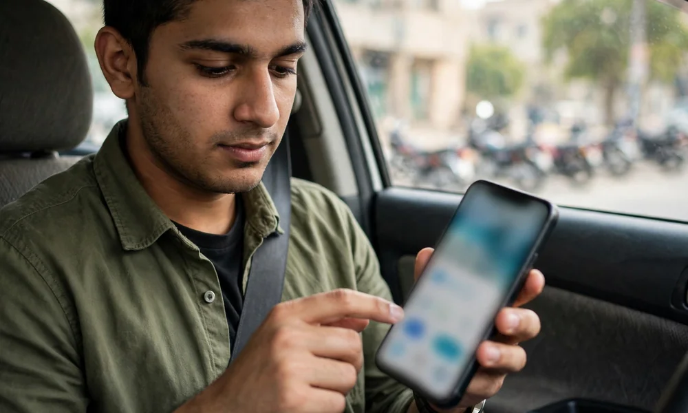 A person paying a government challan through a mobile banking application at home
