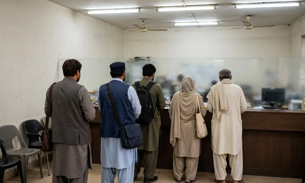 Vehicle owners at an Excise office counter checking tax dues