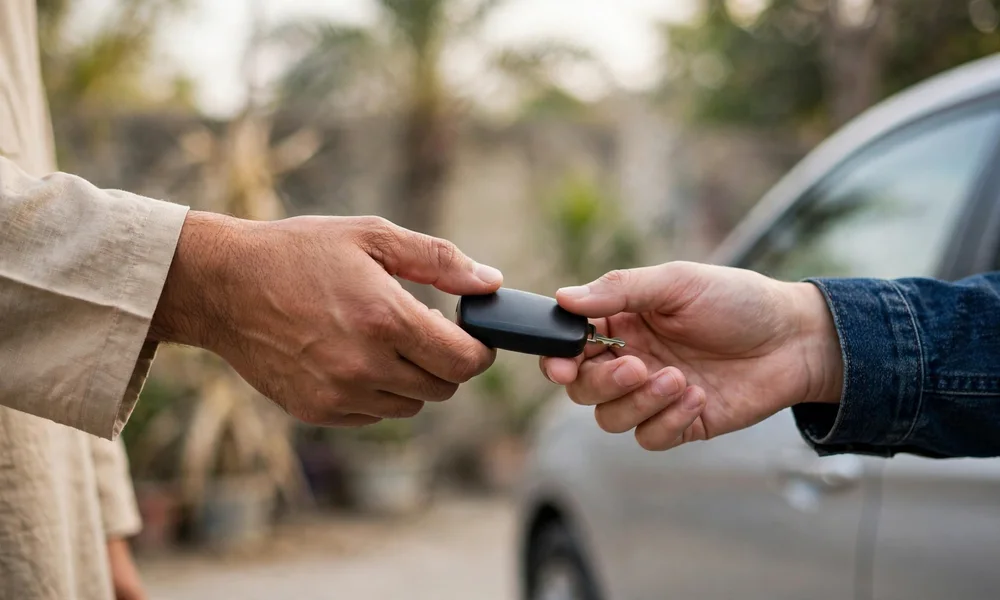 Vehicle transfer documents and keys changing hands