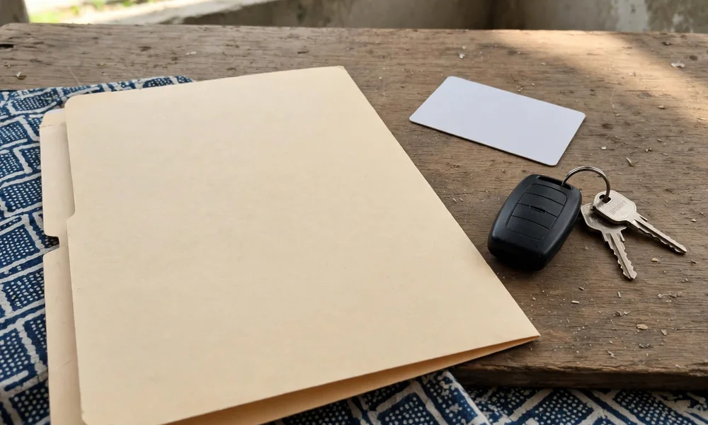 Imported vehicle registration documents, car keys and a smart card on a desk