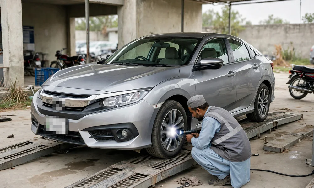 Honda Civic on an inspection ramp at a Punjab vehicle registration office
