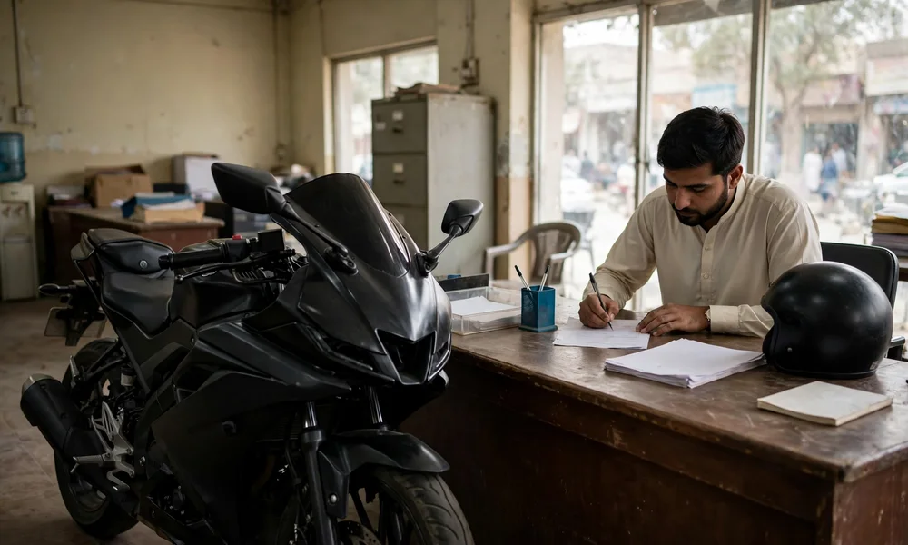 Suzuki 250cc motorcycle at a Punjab vehicle registration office counter