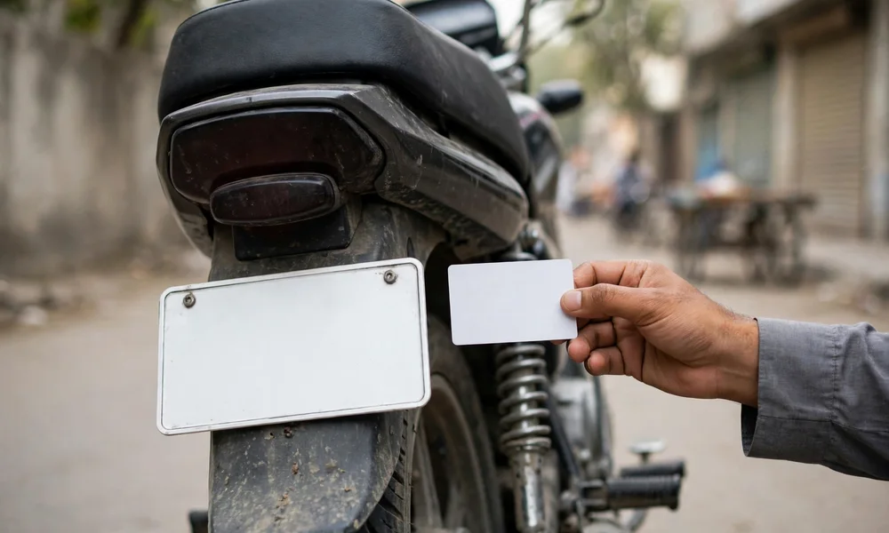 Honda CG 125 rear view with a fresh blank number plate and smart card