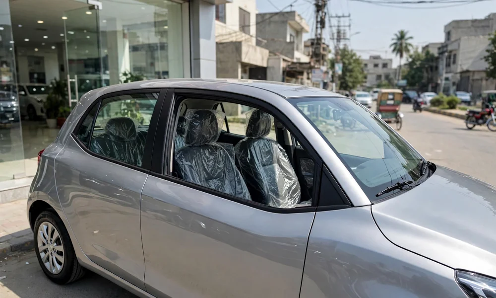 A new car being handed over at a dealership showroom with the owner receiving a folder of registration documents