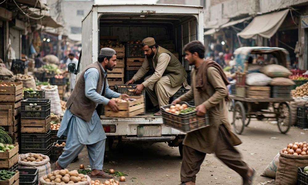 Delivery van being loaded at a Lahore wholesale market