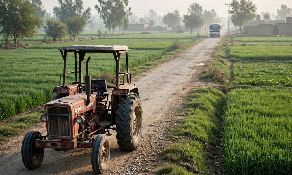 Farm tractor on a Punjab village road with fields on both sides