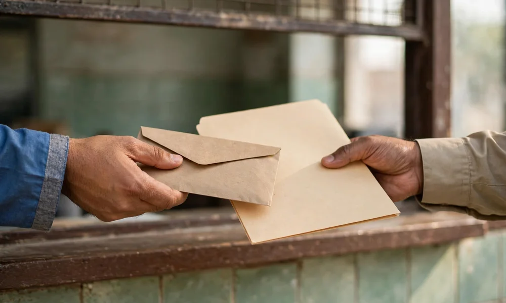 Hands exchanging a sealed envelope and vehicle file at an office window for an NOC application