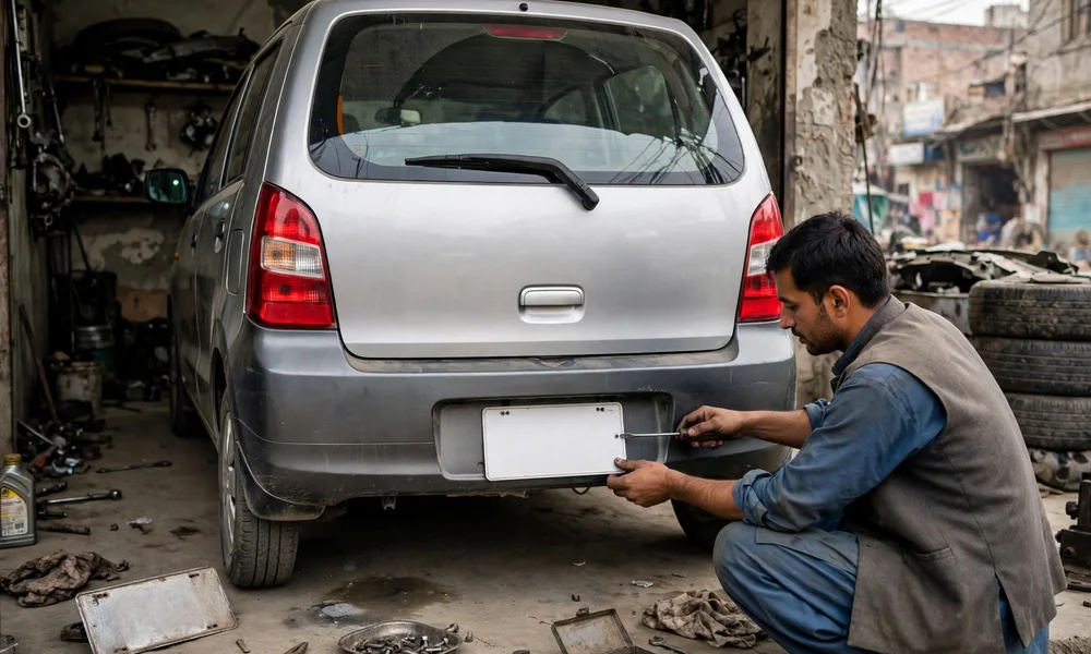 Suzuki Wagon R receiving a fresh blank number plate fitting at a workshop