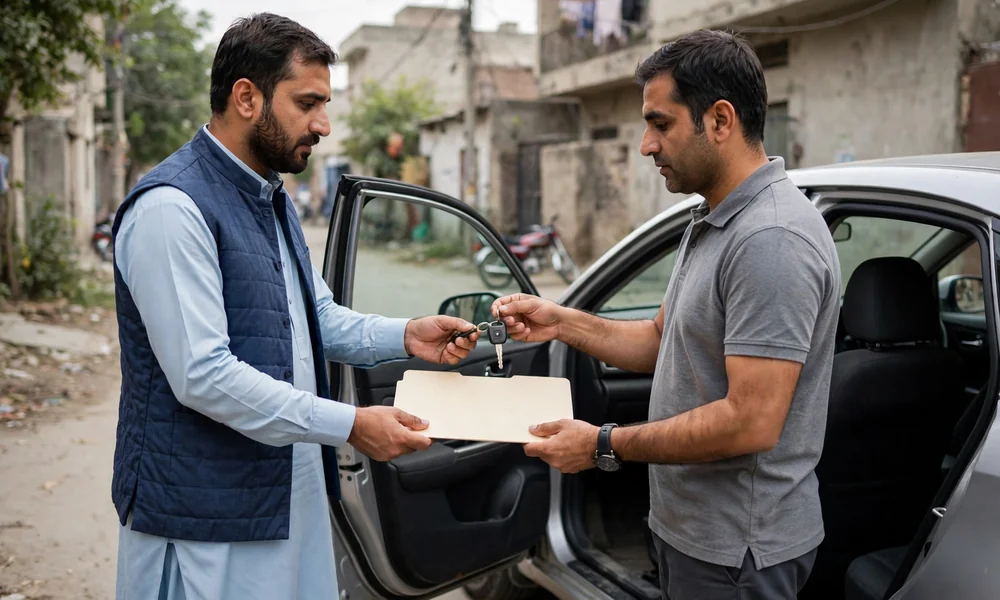 A buyer and seller signing a vehicle sale agreement across a desk with a smart card and identity cards beside the papers