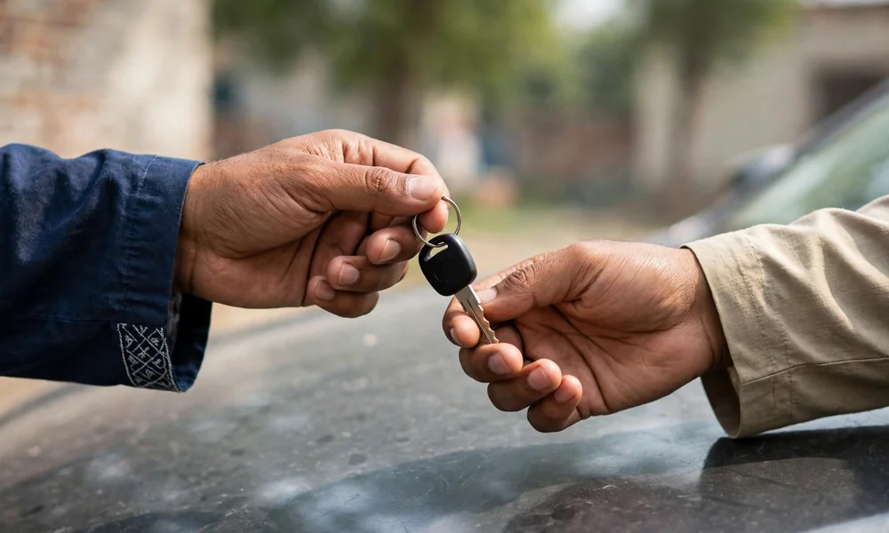 A man completing a fingerprint biometric scan on a mobile phone during a vehicle transfer at a facilitation centre