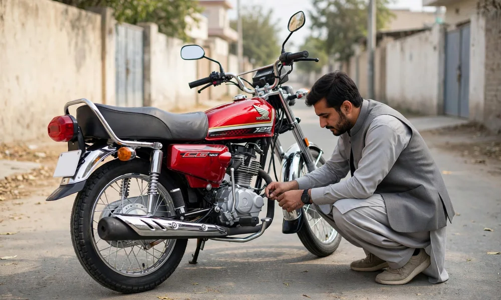 Buyer inspecting documents and the physical condition of a used vehicle