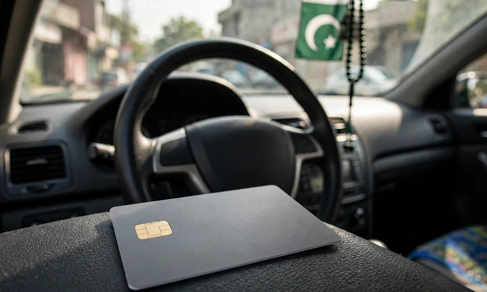 A close view of a vehicle registration smart card held in a hand above a car steering wheel