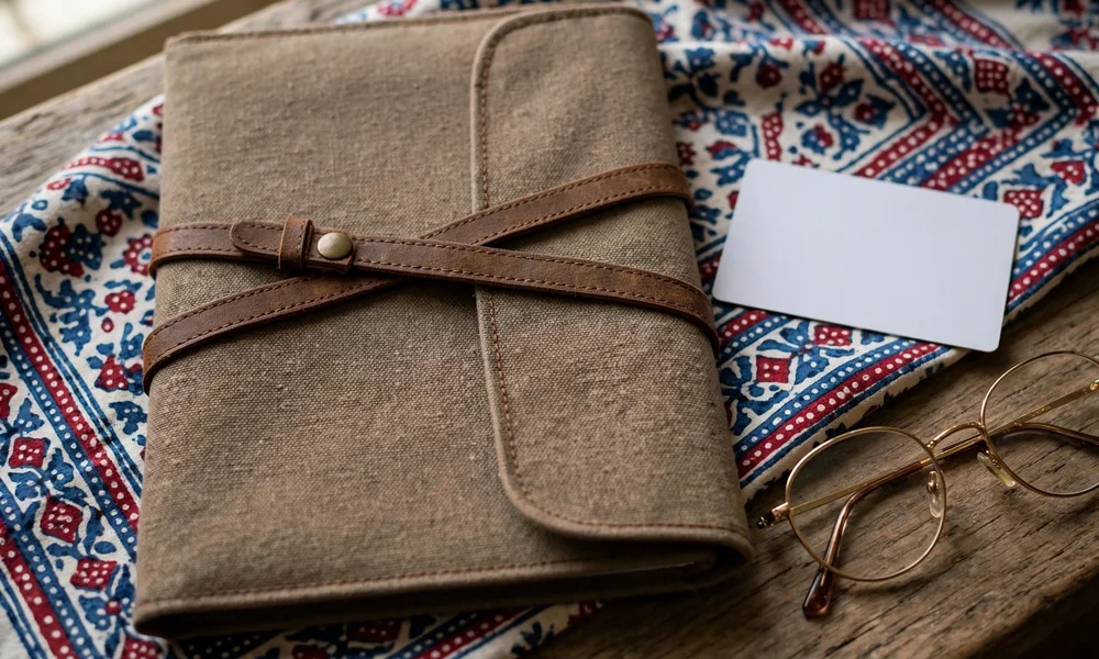 Family document folder, blank smart card and reading glasses on a table