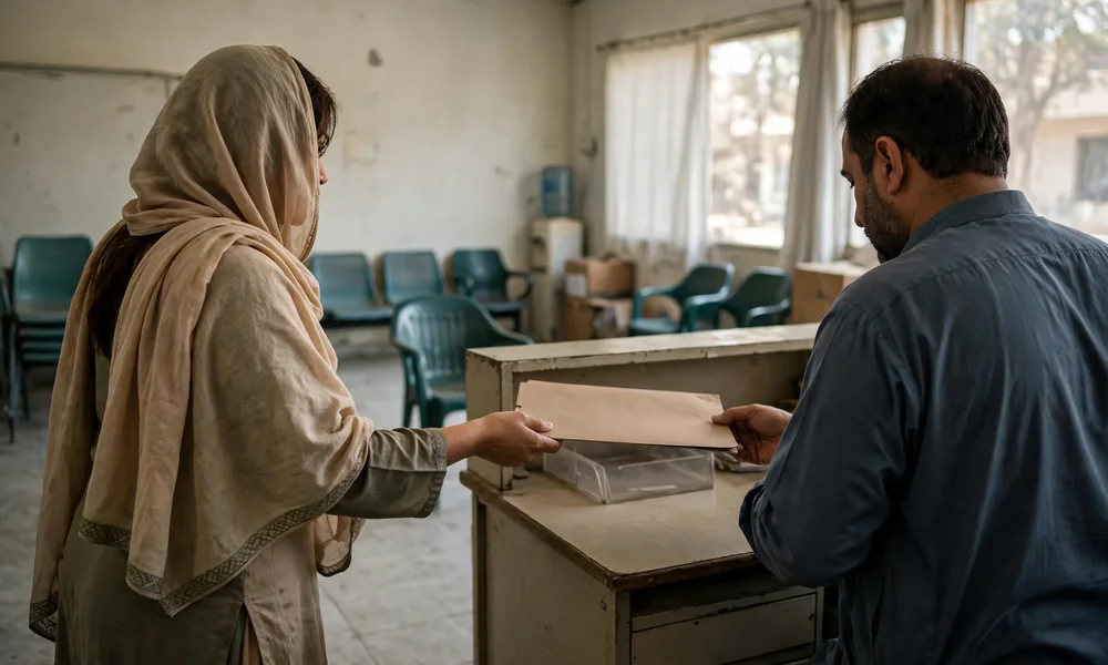 Family member handing a document folder across a counter at a government service office