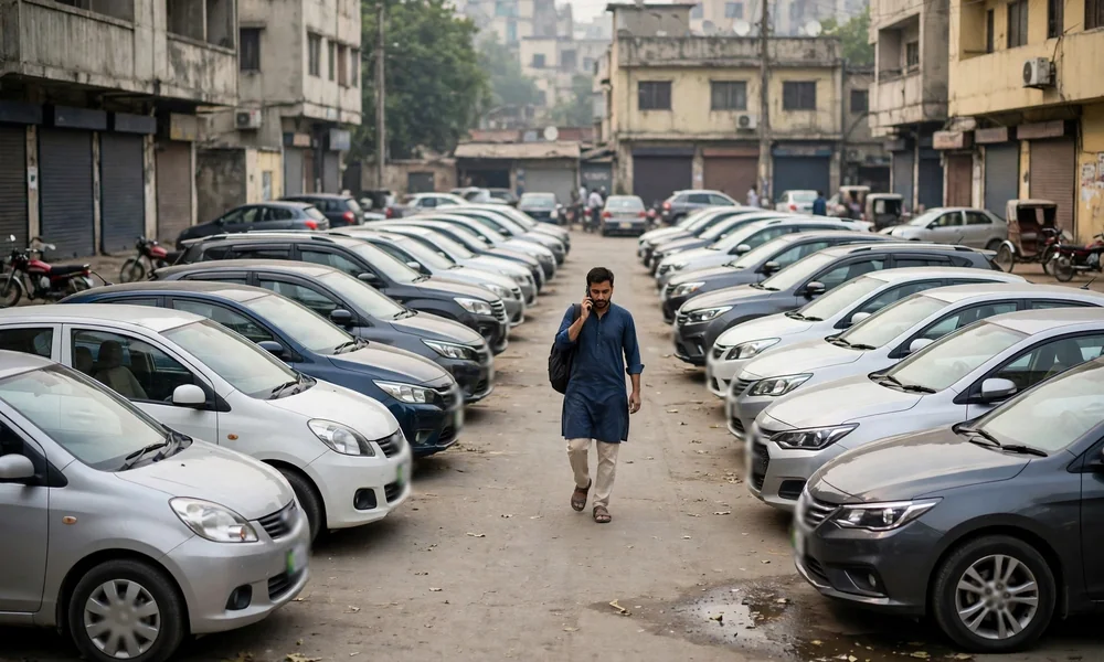 A buyer inspecting the engine bay of a used car at a dealership while the seller stands beside the open bonnet