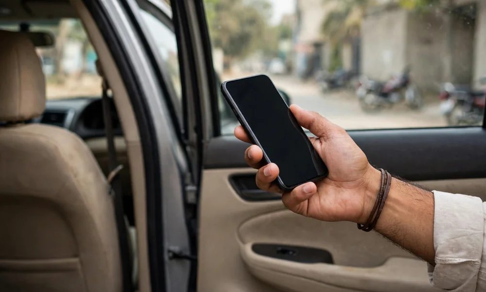 A car owner holding a registration smart card and vehicle keys beside a parked car on a city street