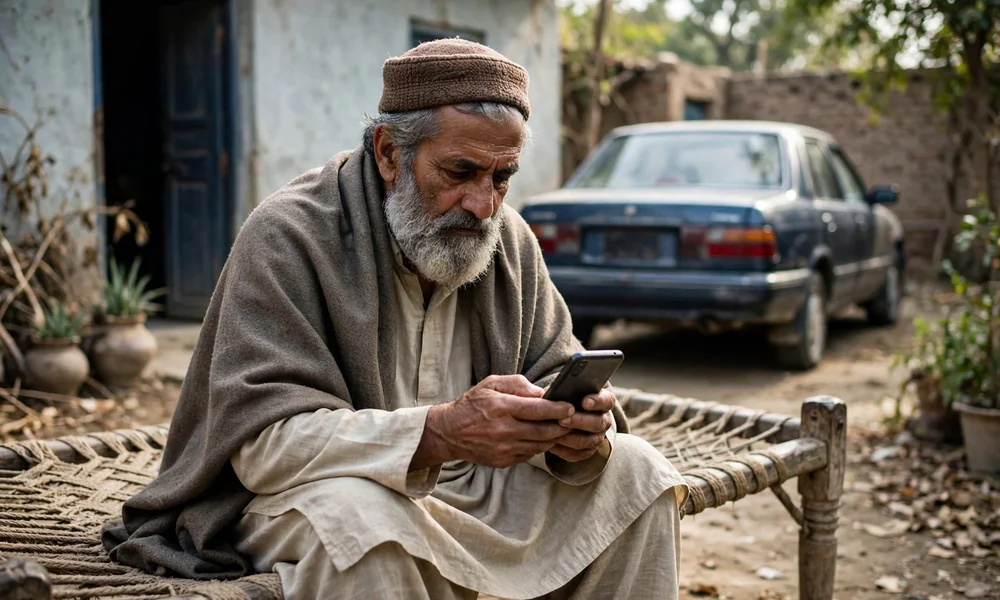 A man sending a text message on a mobile phone while standing beside a parked motorcycle at a roadside market